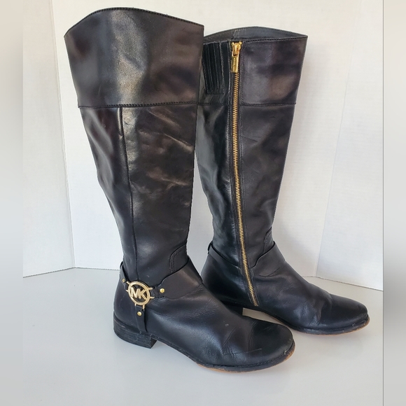 Michael Kors Fulton Harness Riding Boots Pull On Tall Black Rain Snow Size 10 M - Picture 3 of 15